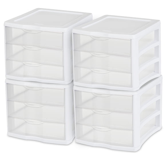Sterilite 3 Drawer Unit, Stackable Plastic Organizer System with Storage Drawers, 4 Pack