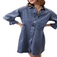 thumbnail image 3 of Robe Chemise à Manches Lanternes 3/4 pour Femmes, Décontractée, Col à Revers, Boutonnée, Taille Haute, Ample, en Denim, 3 of 6