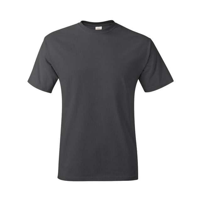 Hanes Men's Authentic-T T-Shirt in a solid dark grey color, made from 6 oz. 100% preshrunk cotton. Features a classic crew neck and short sleeves, crafted with sustainably sourced USA-grown cotton.
