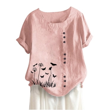 RKSTN Hauts d'Été pour Femmes 2023 Mode Coton et Lin Amples Brodés Imprimé Floral Col Rond Chemises Mexicaines Manches Courtes Décontracté Blouse de Couleur Unie