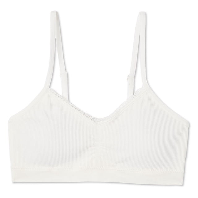 George Girls' Rib Bralette in white featuring rib knit fabric, V-neckline, adjustable spaghetti straps, gathered front, and lace trim, designed for comfort and stretch, ideal for layering under tees, tanks, or dresses.