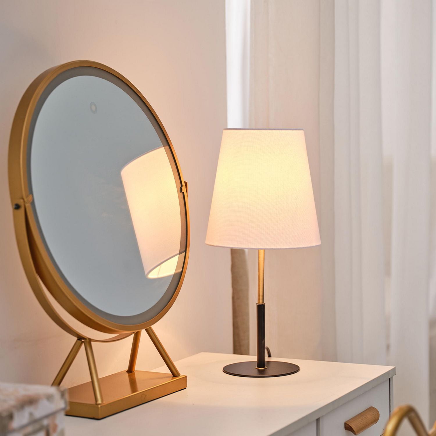 16" Matte Black Table Lamp with Brass Accents and White Linen Shade<br>