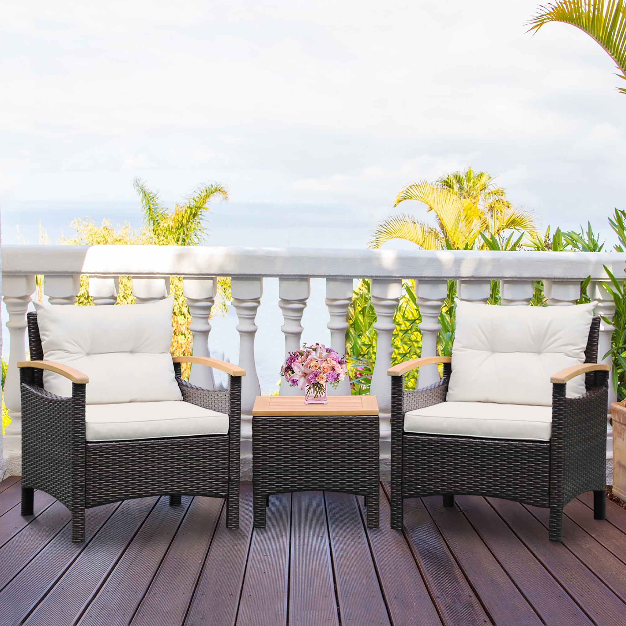 Gymax 3PCS Patio PE Rattan Conversation Furniture Set Bistro Set Acacia Wood Tabletop