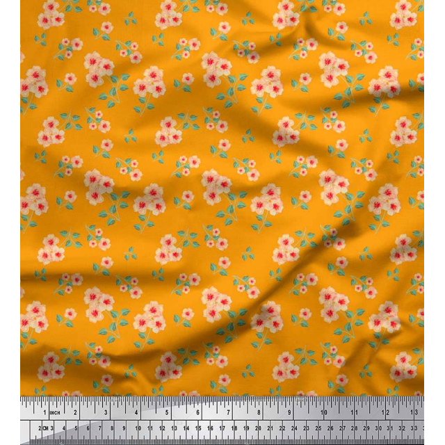 Soimoi polyester Crepe Fabric Leaves & Flower Floral Printed Fabric 1 Yard 52 Inch Wide