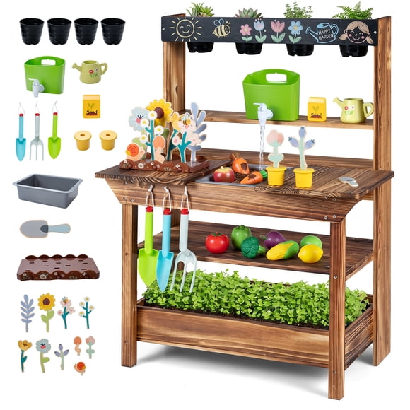 Costway Outdoor Wood Mud Kitchen for Kids with Water Faucet, Sink, Planter, Seeding Pots