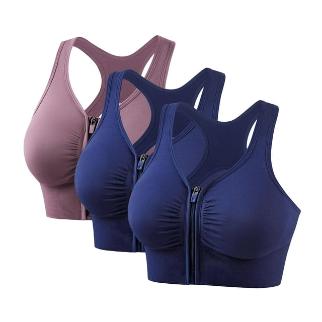 Nfurl Womens Sports Bras Multipack High Impact no Wire Racerback Zip Front Sports Bra 3 Pack Workout Yoga Crop Top Supportive Anti Sagging Bra Navy XXL