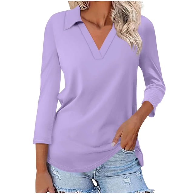 Hot6sl Économies d'Été Liquidation Blouse & Chemise à Manches Courtes Col Rabattu, T-shirt Assorti pour Femmes Col en V Col Rabattu Manches 3/4, Haut en polyester pour Femmes/violet, 2TG