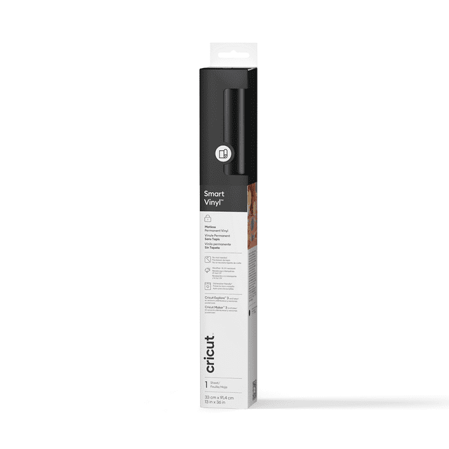 Cricut® Smart Vinyl™ Vinyle Permanent Sans Tapis (3 Pi), Rouleau Noir dans Emballage vertical avec Étiquettes Blanches et Noires Détaillant des Caractéristiques de Produit, Conçu pour la Découpe et les Projets de Vinyle d'Artisanat avec machines Cricut, Format 13 Po x 3 Pi, Fini mat, Aucun Tapis de machine Nécessaire, Résistant aux Intempéries et à la Décoloration pour une Utilisation Extérieure.