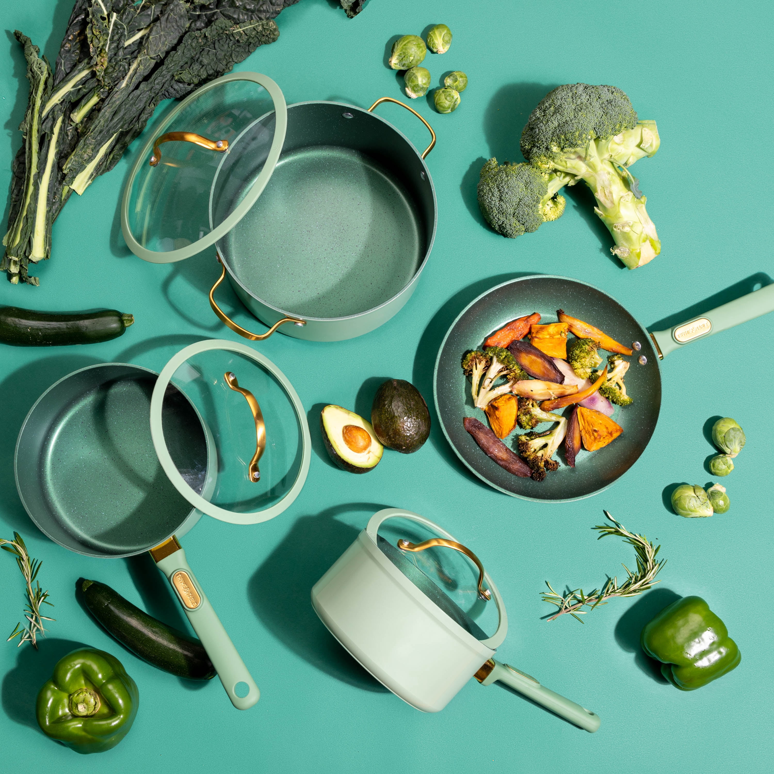 Batterie de cuisine 12 pièces en granit Thyme et table antiadhésive - Vert
