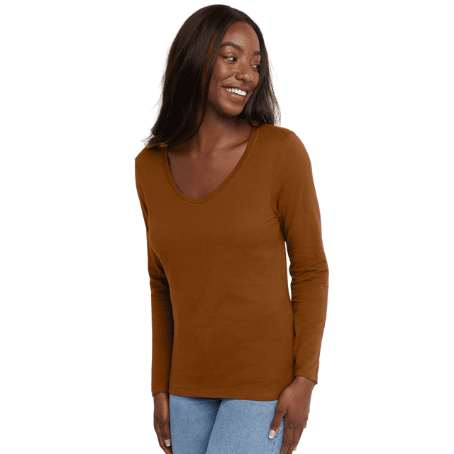 Hanes T-Shirt en Coton à Manches Longues Col en V pour Femmes, TP, Allgood Gold