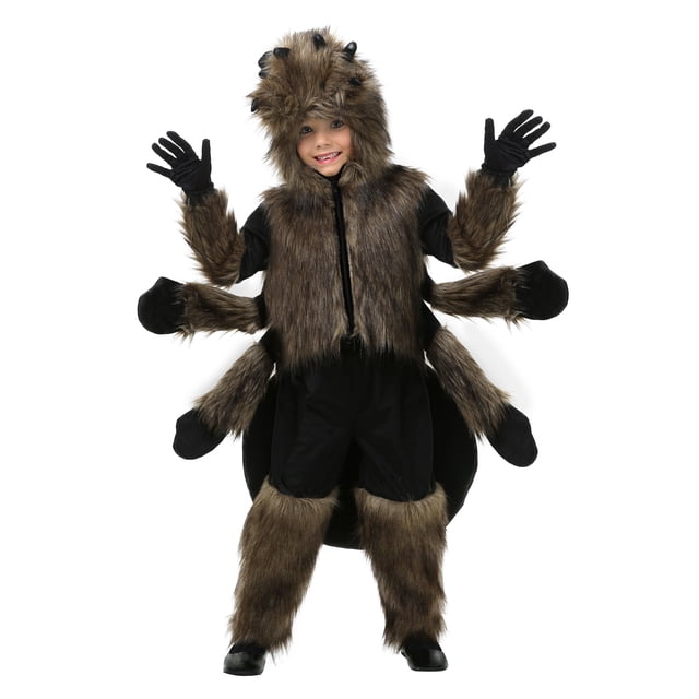 Toddler Furry Spider Costume featuring a hooded shirt with soft-sculpted spider eyes, faux fur texture, and a zip-up front. Includes four extra stuffed arms connected to the sleeves, a stuffed spider abdomen attached to the back, and elastic waistband pants. Designed for Halloween or dress-up occasions.