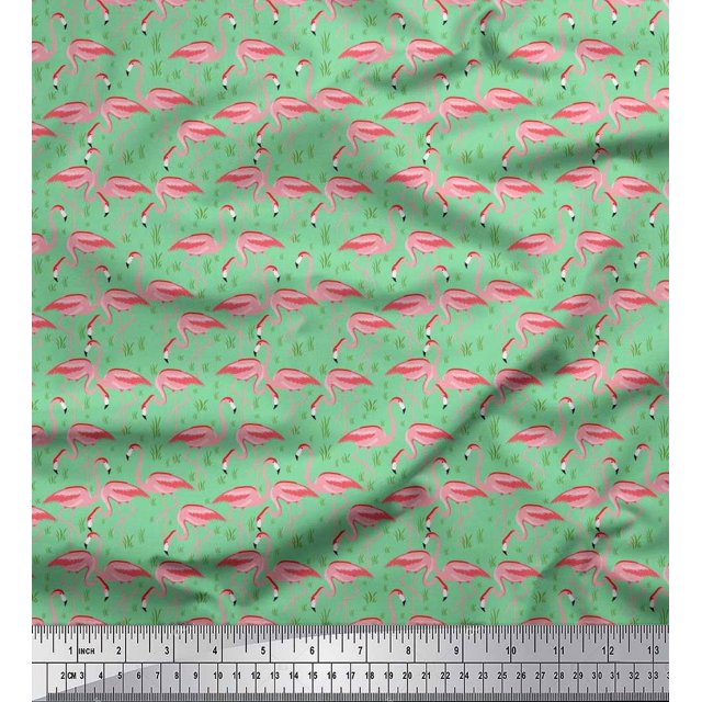 Soimoi Poly Georgette Fabric Grass & Flamingo Bird Print Fabric by The Yard 42 Inch Wide