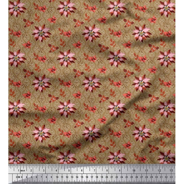 Soimoi Poly Georgette Fabric Damask Design,Leaves & Aster Floral Printed Fabric 1 Yard 52 Inch Wide