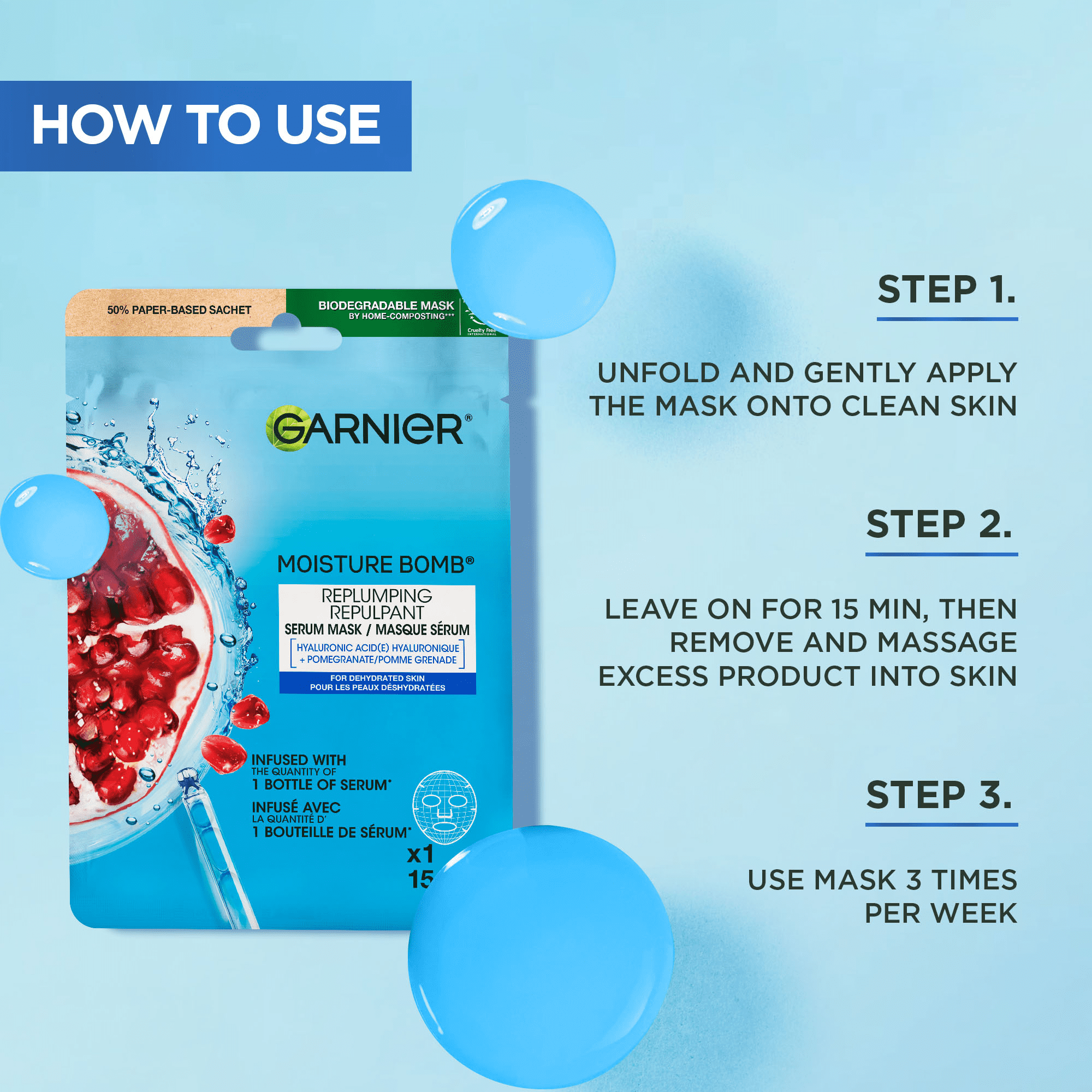 Garnier Moisture Bomb Replumping Serum Mask, Hyaluronic Acid + Pomegranate, 1 Count