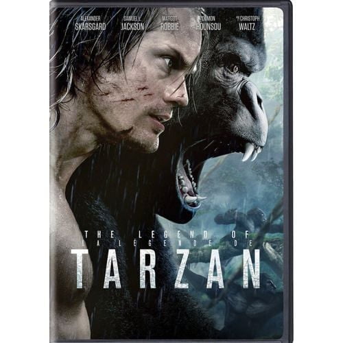 The Legend Of Tarzan (Special Edition) DVD cover showing a shirtless man in profile facing a roaring gorilla with a misty jungle background, the title in large white letters, actor names including Alexander Skarsgård and Christoph Waltz, and indicating the action adventure genre with a digital copy format.