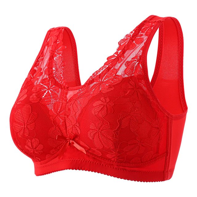 Virmaxy Womens Wireless Bra Oversized Gathered Comfortable Breathable Underwear (Plus Extended Buckle) Everyday Bra Embroidered Glossy Comfortable Breathable Bra Underwear No Rims Red-3 36