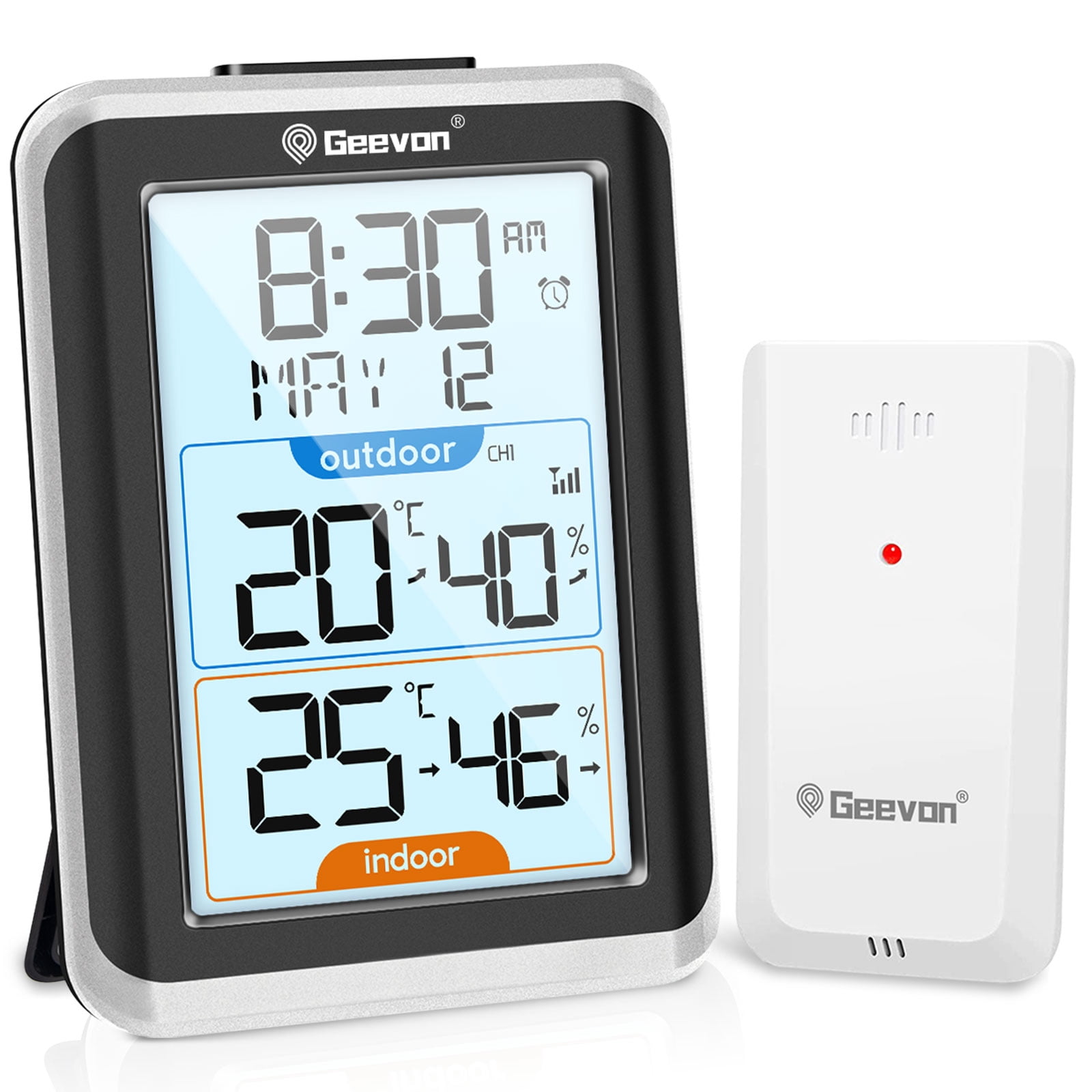 Geevon Indoor Outdoor Thermometer Digital Wireless with Clock, Backlight Temperature Humidity Monitor, Inside Outside Thermometer with 200ft/60m Range Remote Senso(Black)