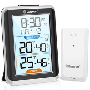 Geevon Indoor Outdoor Thermometer Digital Wireless with Clock, Backlight Temperature Humidity Monitor, Inside Outside Thermometer with 200ft/60m Range Remote Senso(Black)
