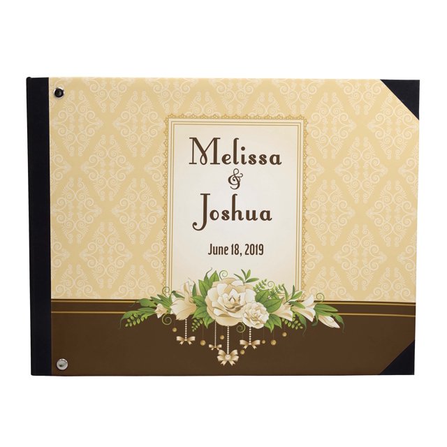 Darling Souvenir Orange Floral Damask Printed Wedding Guest Book Hardbound Cover Sign In Book Registry Scrapbook-9 x 12 Inches