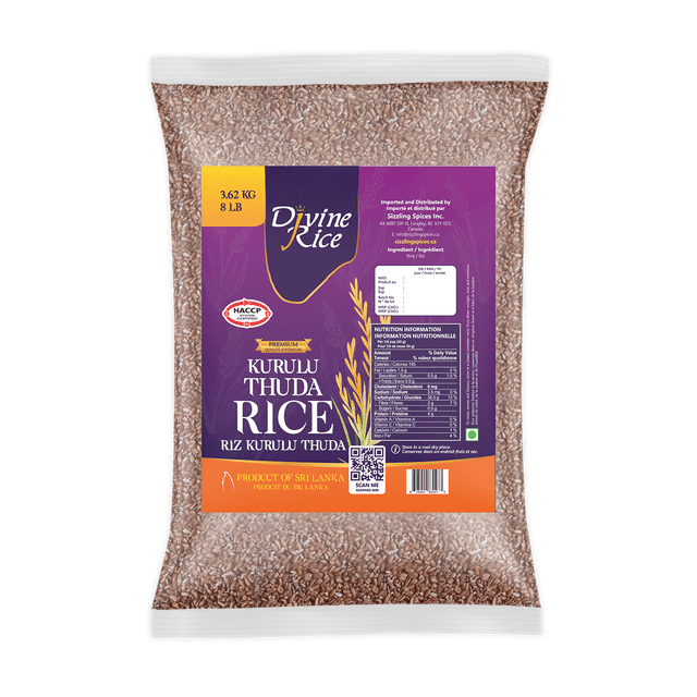 Kuruluthuda Divine Rice (8LB) in a sealed transparent bag showcasing red rice grains. The packaging features a purple and orange design with the Divine Rice logo, HACCP certification, and nutritional information. This Sri Lankan red rice is ideal for health-conscious consumers seeking high-fiber, protein-rich rice with a low glycemic index.