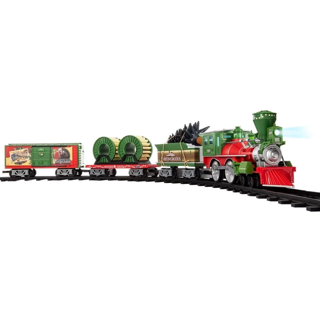 Lionel National Lampoon's Christmas Vacation Ready-To-Play Train Set with green and red general style locomotive featuring working headlight and authentic sounds, tender car carrying a Christmas tree, flatcar with removable Christmas-light reels, and boxcar with movie-themed decoration on curved black track, ideal for holiday display or collectible.