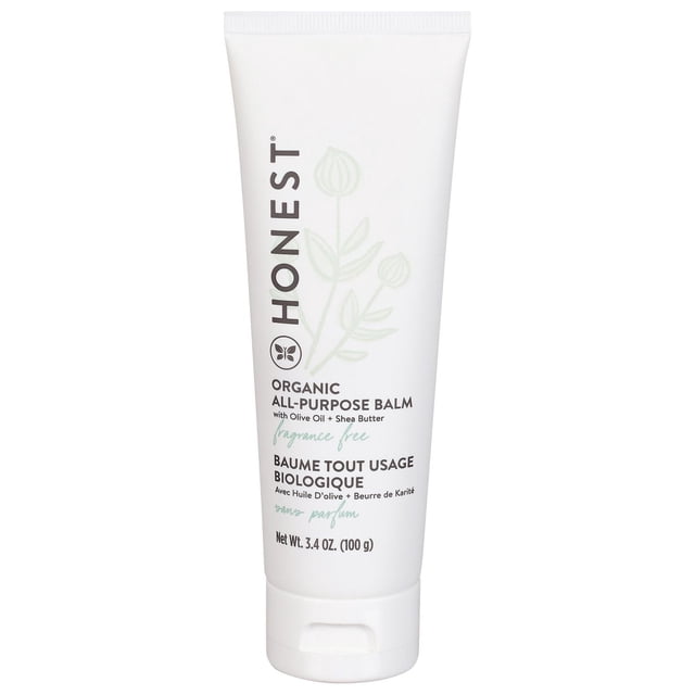 Honest Baume Tout Usage en Blanc 3,4 fl oz (100 g) tube à Presser avec Texte Noir et Vert, Biologique et Sans Parfum, Contenant de l'Huile d'Olive et du Beurre de Karité, Idéal pour les Soins de la Peau pour Apaiser et Hydrater la Peau Sèche et les Cuticules.