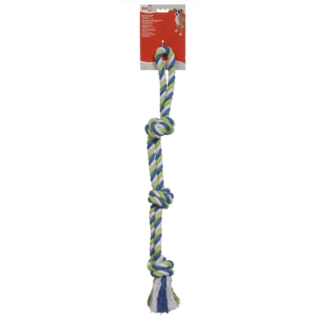 Dogit Knotted Rope Dog Toy, multi-coloured 3-knot looped tug measuring 71 cm (28 in), made of natural biodegradable cotton fibers in blue, lime green, and white with three knots and tassel ends, designed to help clean dogs’ teeth and gums while providing durable chew play.