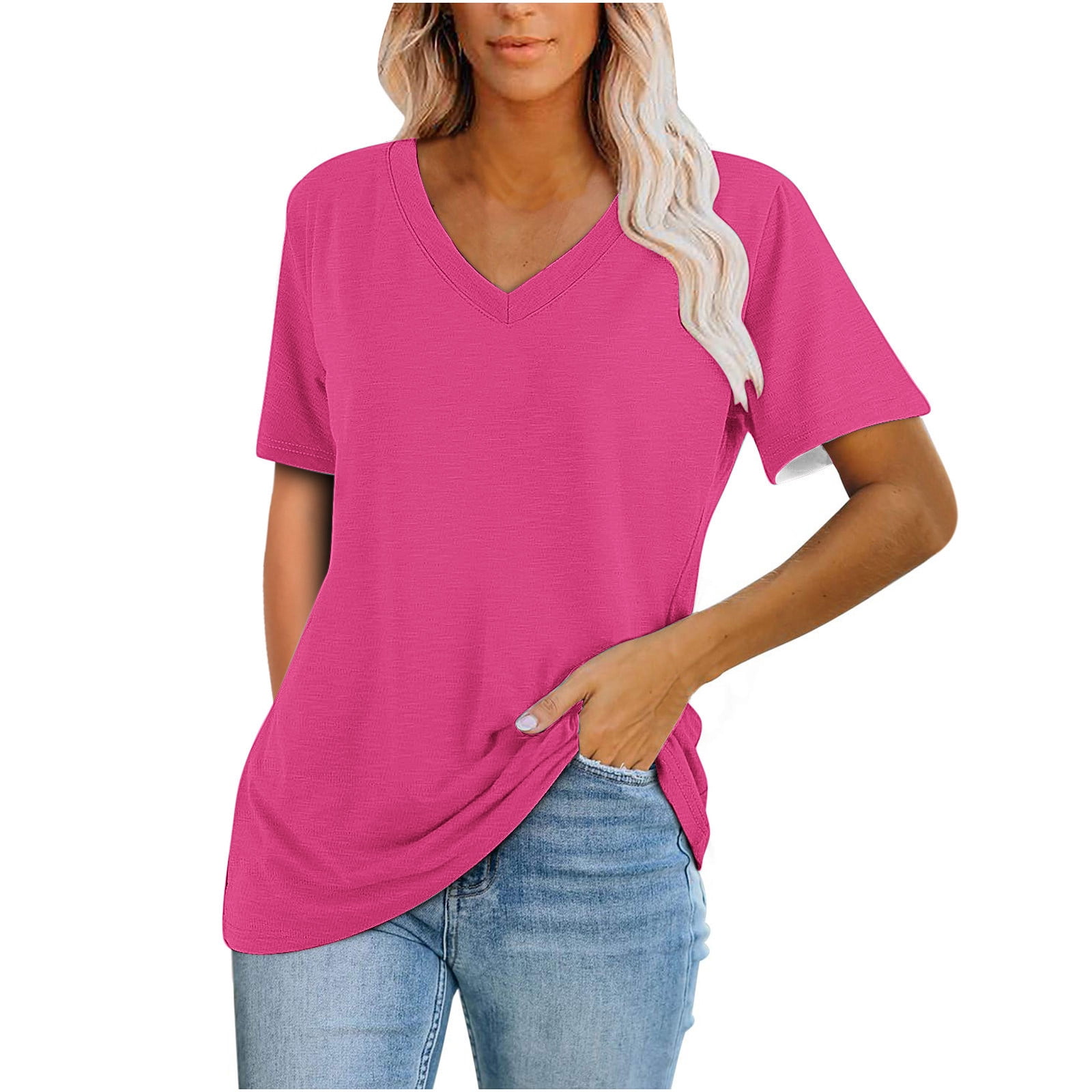 Timegard Womens Summer Tops Short Sleeve V-Neck Solid Color Comfy Basic Tee Casual Loose Shirts Tops Blouse