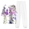 thumbnail image 2 of Mikilon Ensemble Élégant pour Femmes 2 Pcs Coton Lin Imprimé Manches Cinq-Quarts Col Rond + Pantalon Décontracté Blanc-A TG, 2 of 3