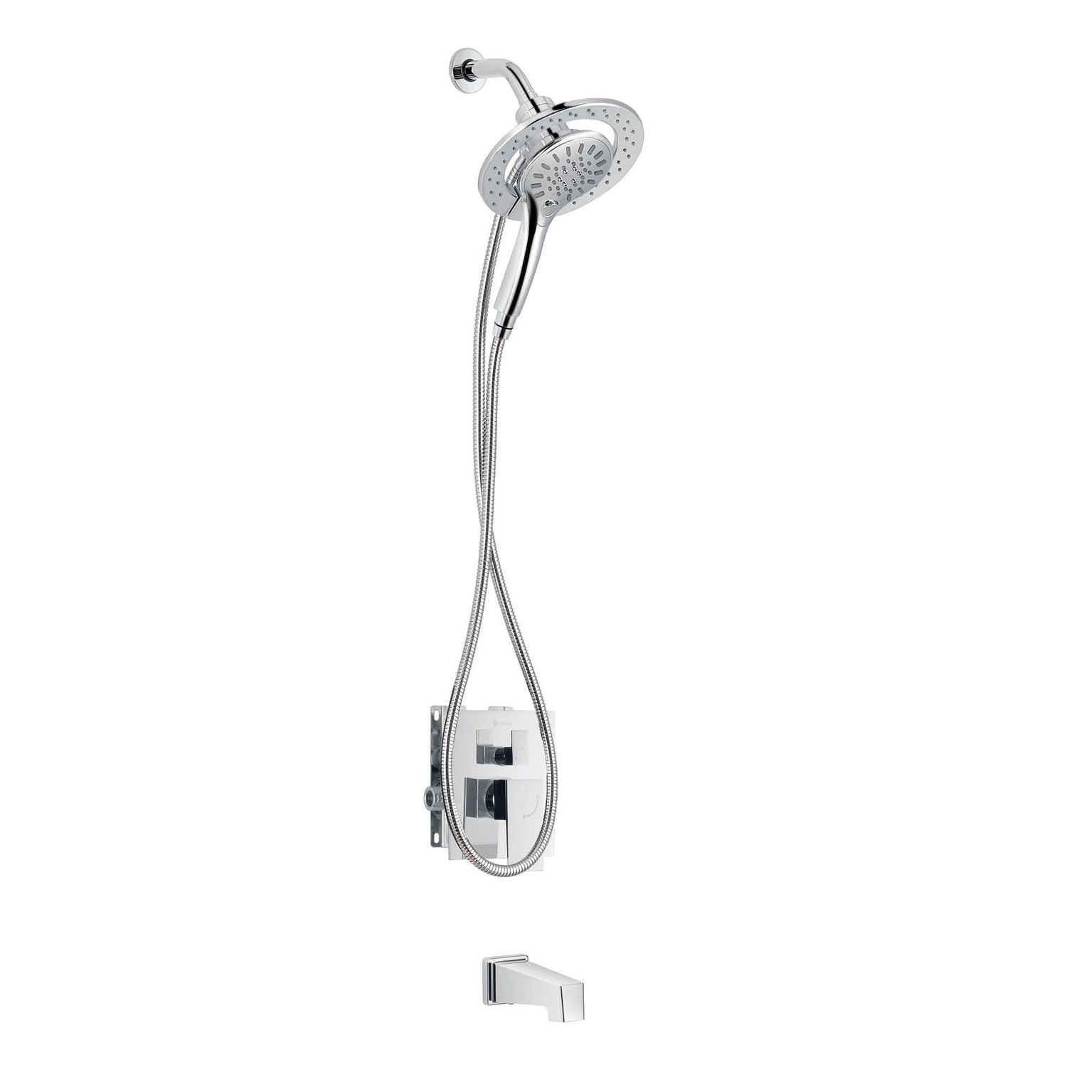 Robinet de bain-douche à pression équilibrée avec inverseur 3 voie carré akuaplus(MD), douche à main aimantée 3 réglages avec pommeau et bec de bain fini chrome