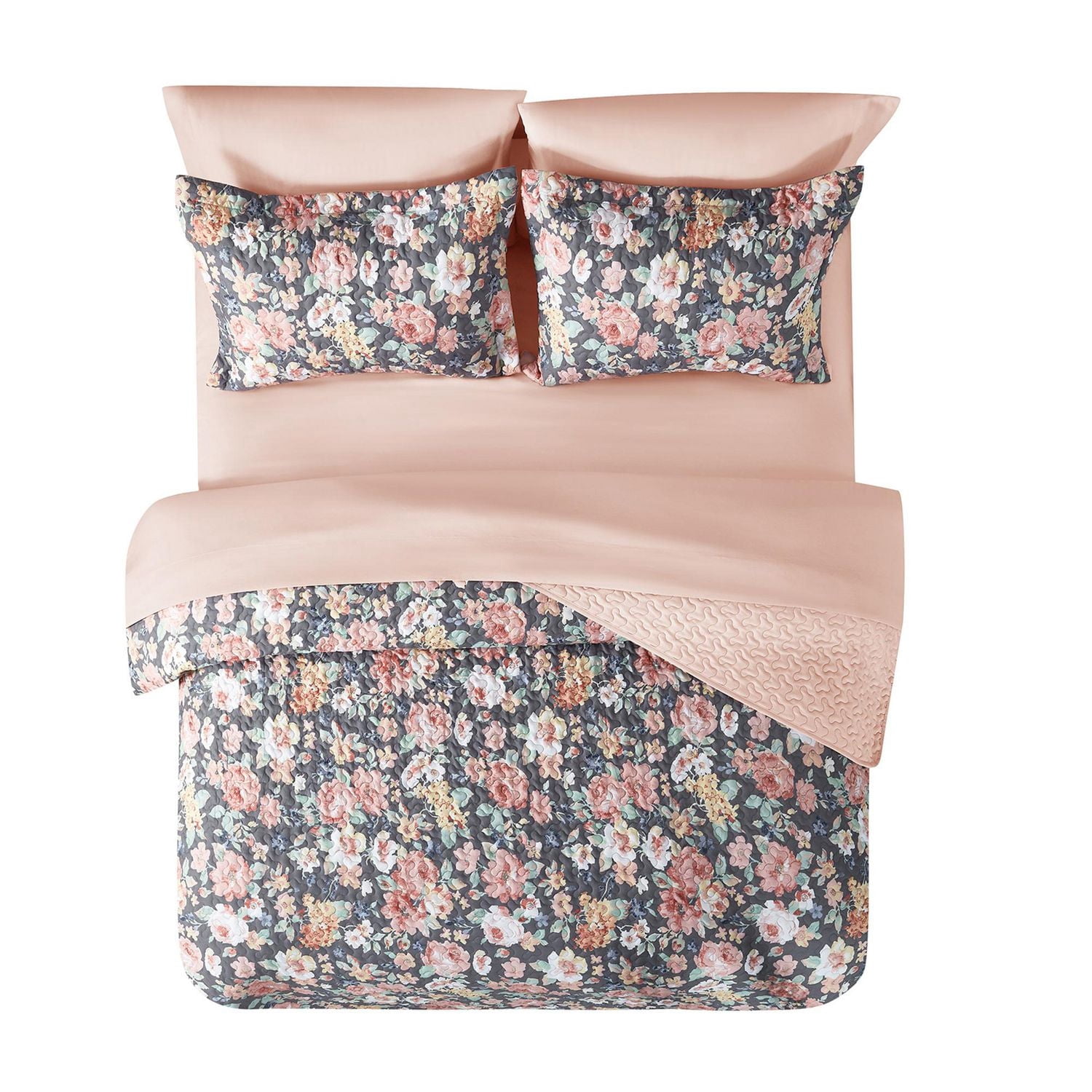 Mainstays Ensemble courtepointe et drap-housse légers tout-en-un - 7pièces, Grand Lit, Floral Gris