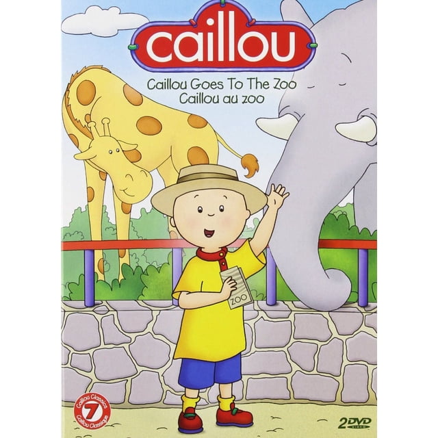 Caillou Classics: Volume 7 - Goes to the Zoo DVD cover featuring Caillou, a young boy in a yellow shirt, blue shorts, red shoes, and a tan safari hat, holding a zoo ticket and waving. Behind him are cartoon animals including a giraffe with orange spots and a gray elephant with tusks, set against a stone wall and green foliage under a blue sky with clouds.