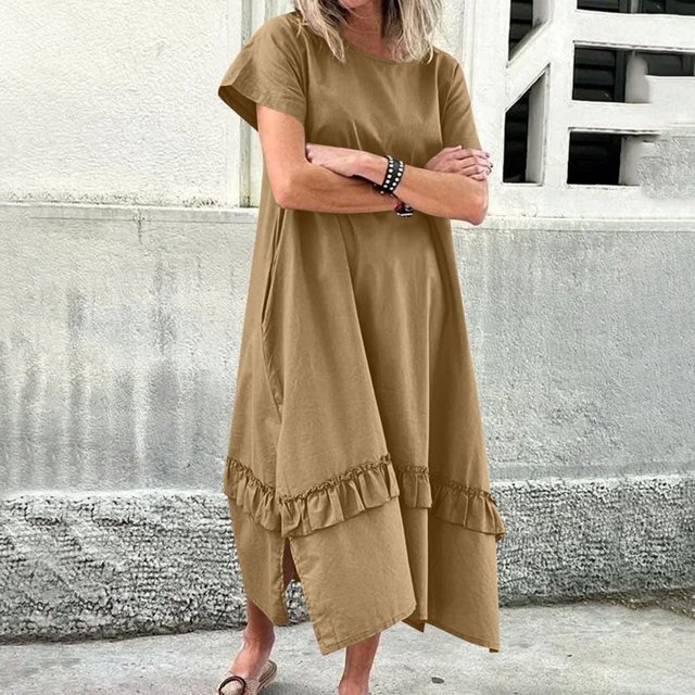 Ovzne Robes pour Femmes Robe d'Été Robe d'Été pour Femmes à Manches Courtes Imitation Coton et Lin Col Rond Couleur Unie Poches Ourlet Fente Robe Robe pour Femmes Robe Courte Liquidation