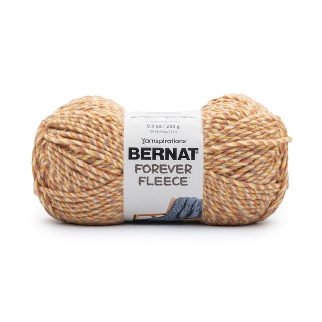 Bernat® Forever Fleece™ Yarn, super bulky #6 polyester yarn in a 9.9 oz (280 g) skein with 194 yards (177 m), shown in a front view. The yarn has a twisted blend of cream, orange, and yellow tones with a soft fleecy texture, ideal for fast knitting or crochet projects.
