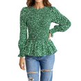 thumbnail image 1 of Blouse à Col Ras du Cou pour Femmes, Smockée, Manches Longues, Florale, Froncée, à Volants, Haut Péplum, 1 of 7