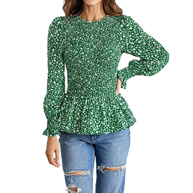 Blouse à Col Ras du Cou pour Femmes, Smockée, Manches Longues, Florale, Froncée, à Volants, Haut Péplum