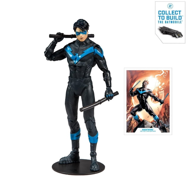 McFarlane Toys - DC Multiverse - Nightwing: Better than Batman action figure in black suit with blue wing emblem, holding two black Escrima sticks, standing on a round black base, includes collectible art card and a Build-A-Batmobile piece for assembly.