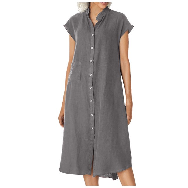Ersazi Jolies Robes pour Femmes en Liquidation Mode Femmes Été Bouton Décontracté Uni Col en V Manches Courtes Robe Gris m