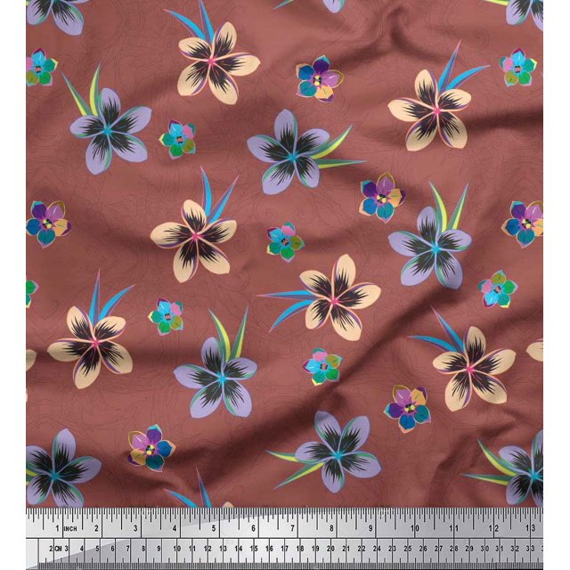 Soimoi Brown Rayon Fabric Leaves & Flower Floral Decor Fabric Printed Yard 56 Inch Wide