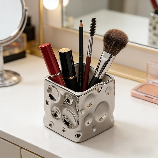 Birdeem Ceramic Cheese Organizer, Desktop Storage Jar For Pens And Makeup Brushes, Cheese Shaped Decor With Lid, Compact Home Office Decor