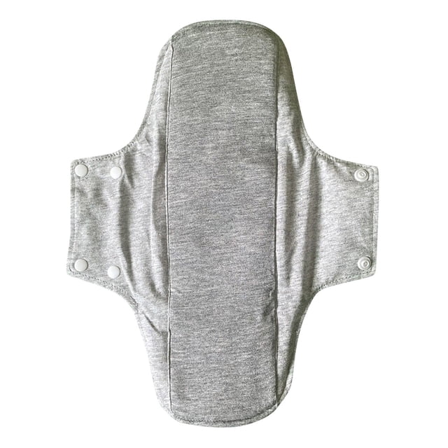 Sokhug Reusable Washable Incontinence Pads, Reusable Menstrual Sanitary Napkins in a grey color. The pad features a soft and absorbent-fiber material for a stay-dry feel, with a comfortable fabric outer layer. It includes snap closures for secure fastening around underwear, ensuring a secure fit. Designed to be washable and reusable, offering a cost-effective and practical solution for feminine care.