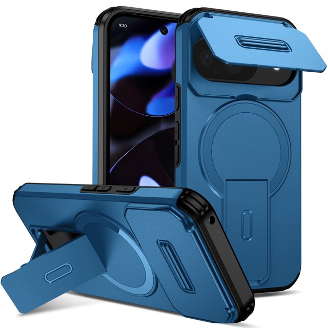 GANGXUN Magnetic Case for Google Pixel 10 in a sleek blue finish, featuring a dual-layer shockproof design for enhanced protection. The case includes raised bezels to safeguard the camera and screen, a hidden foldable kickstand for hands-free use, and an integrated magnetic ring for compatibility with MagSafe chargers and accessories. Shown in a front and angled view highlighting its durable construction and functional features.