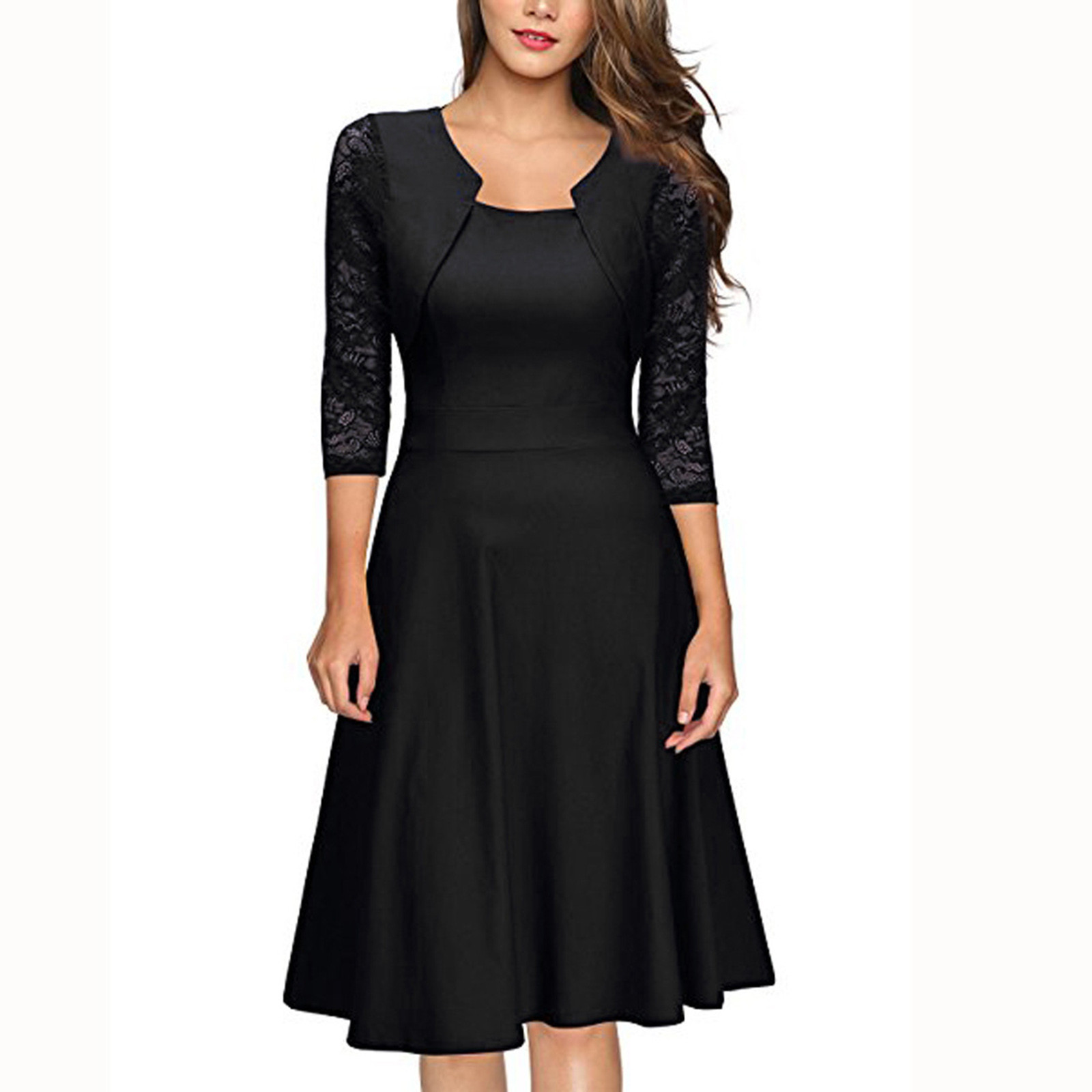 Jusqu'à 65 % de Rabais! Robes d'Été Mode pour Femmes 2024 Grande Taille Tempérament Manches Trois Quarts Faux Deux Pièces Encolure Patchwork Grande Jupe Robe en Dentelle