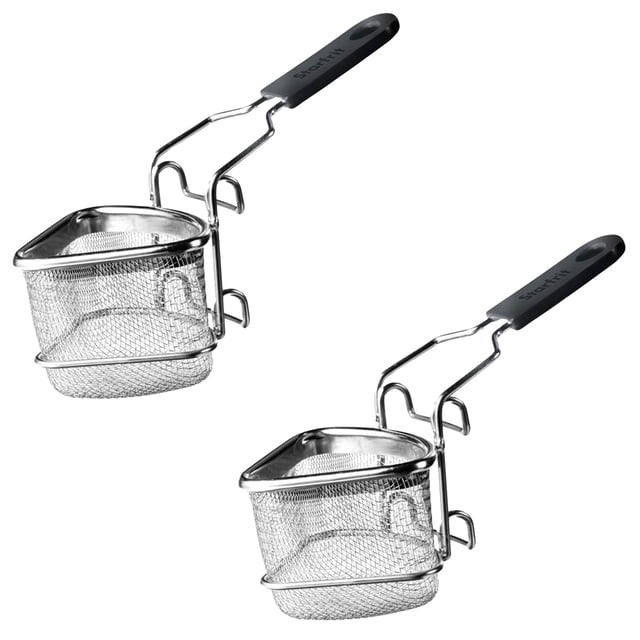 Starfrit - Set of 2 Stainless Steel Fondue Cooking Baskets featuring durable stainless steel construction with heat-resistant handles for safe handling. Each basket includes two draining positions for easy food draining directly onto the fondue pot, reducing splatter. Designed to prevent food loss during cooking, these baskets are compatible with most fondue sets and measure 9.5 x 5.5 x 7.3 cm. Ideal for enhancing fondue experiences and easy to clean by hand.