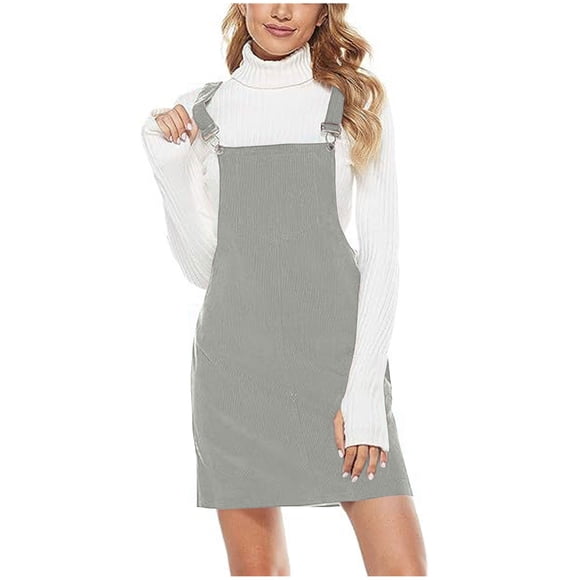 aohooy Overall Dress for Women Midi Corduroy Overalls Bib Dresses Adjustable Straps Pinafore Suspender Skirt Jumper Gray,L