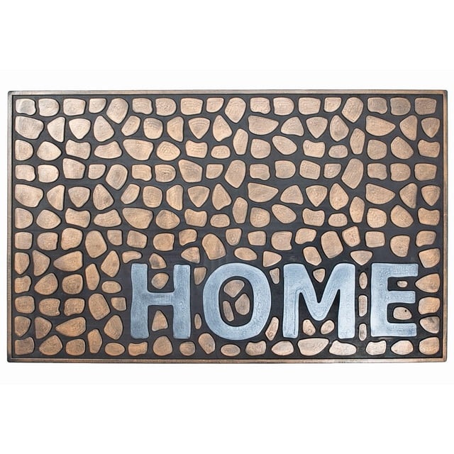 Rubber Mat (Pebbles Home) rectangular outdoor doormat with bronze pebble pattern and silver HOME lettering, measuring 18 by 30 inches, designed to trap dirt at entryways and easy to clean by shaking or sweeping.