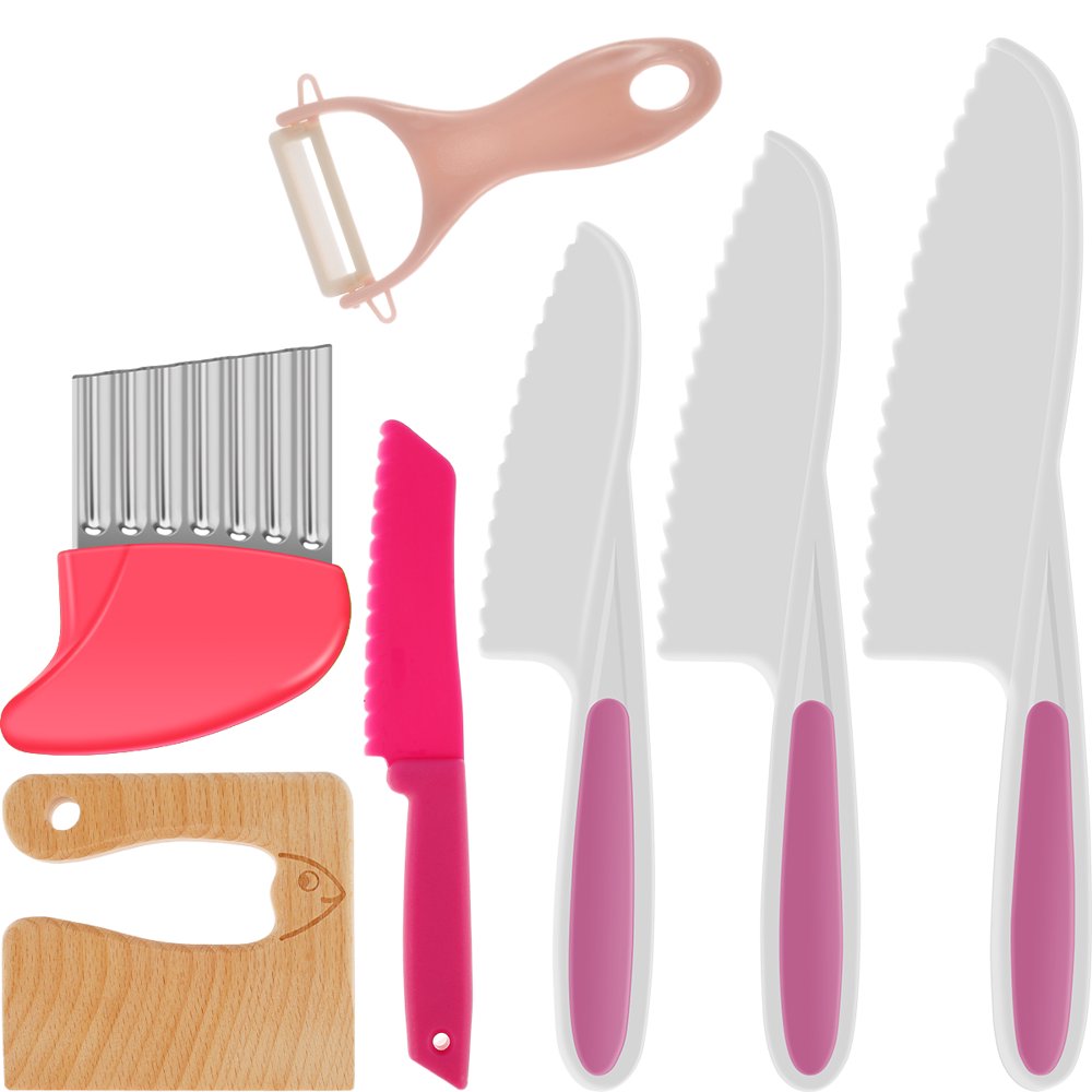 7Pcs Kids Knife Set Safe Plastic Kitchen Cutter Set with Wooden Cutter Serrated Cutter Potato Crinkle Cutter Peeler for Cutting Fruit Vegetable Dessert