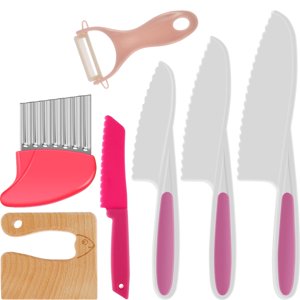 7Pcs Couteau pour enfants Cutter de cuisine en plastique sans danger Set avec cutter en bois Cutter à friser Peau de pomme de terre Peeler pour couper le dessert aux légumes de fruits