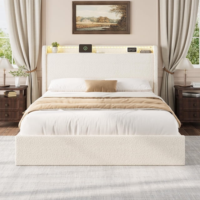 GloryStar Full/Queen Size Boucle Bed Frame, LED Light Headboard, Charging Station, 4 Storage Drawers, and Storage Shelf, Easy Assembly