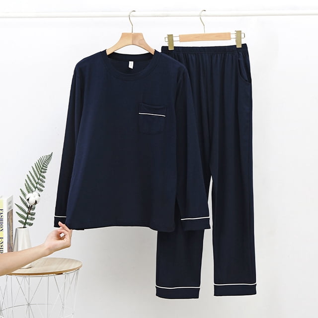 TIMIFIS Ensemble de Pyjama pour Hommes Hommes Ensemble de Détente 2 Pcs Ensembles de Pyjamas Confortable Uni Manches Longues Col Rond Haut de Nuit et Pantalon Costume - Printemps/été